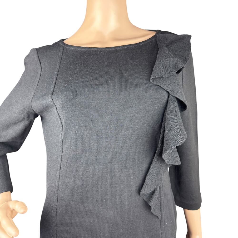 St John Black Milano Knit Asymmetrical Ruffle Boat Neck Top Back Zip Blouse 8